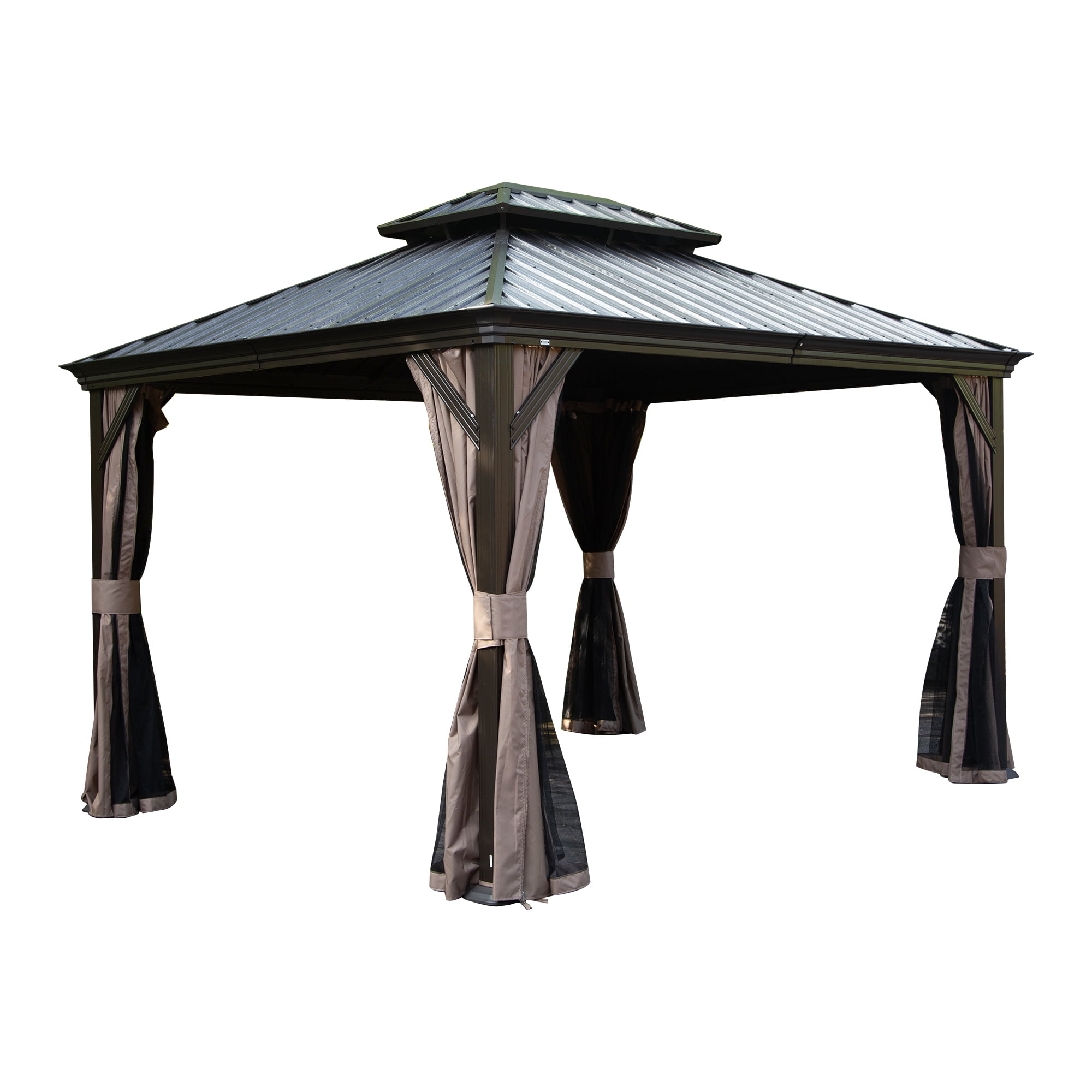 Domi 10' X 12' Permanent Gazebo Pavilion, Metal Hardtop Gazebo with Galvanized Steel Double Roof Canopy, Built-in Drainage Gutter, Curtain and Netting，Brown