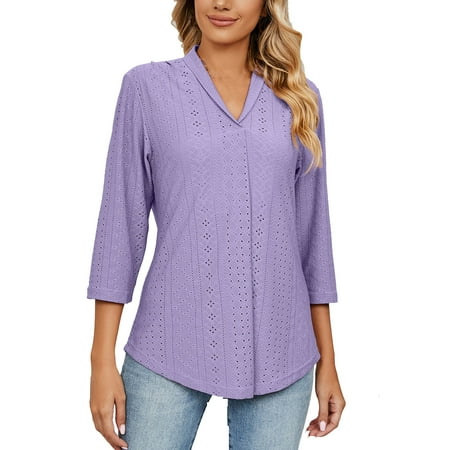 

Clearance Hfyihgf Women s 3/4 Sleeve Tunic Tops Summer Lapel V Neck Eyelet Shirts Top Casual Pleated Flowy Loose Business Work Blouse(Purple L)