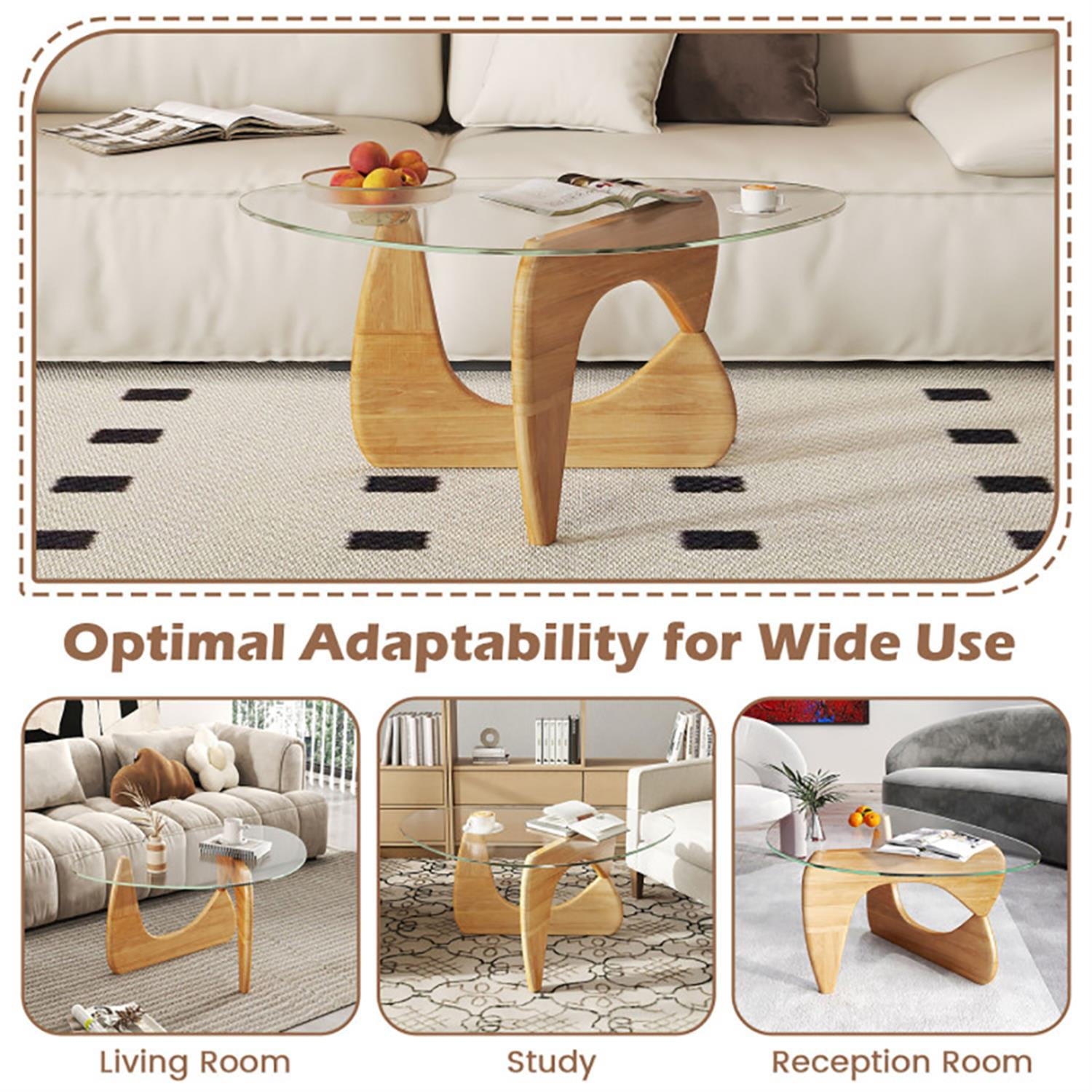 Demi Bonn Triangle Coffee Table, Dining Center Tables with Tempered Glass Top and Adjustable Rubber Wood Base for Living Room, Bedroom, Office and Balcony, Beige