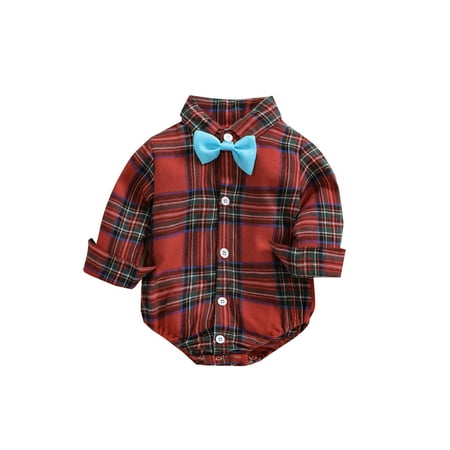 

Liliz Boy Plaid Print Short Romper Long Sleeve Lapel Neck Jumpsuit with Tie 0-24 Months