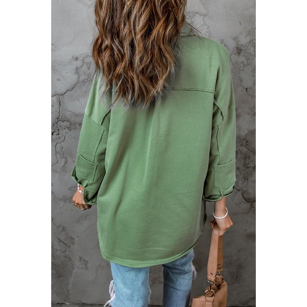 ABPHQTO Chaqueta camisera de mujer verde con botones y manga larga con bolsillos