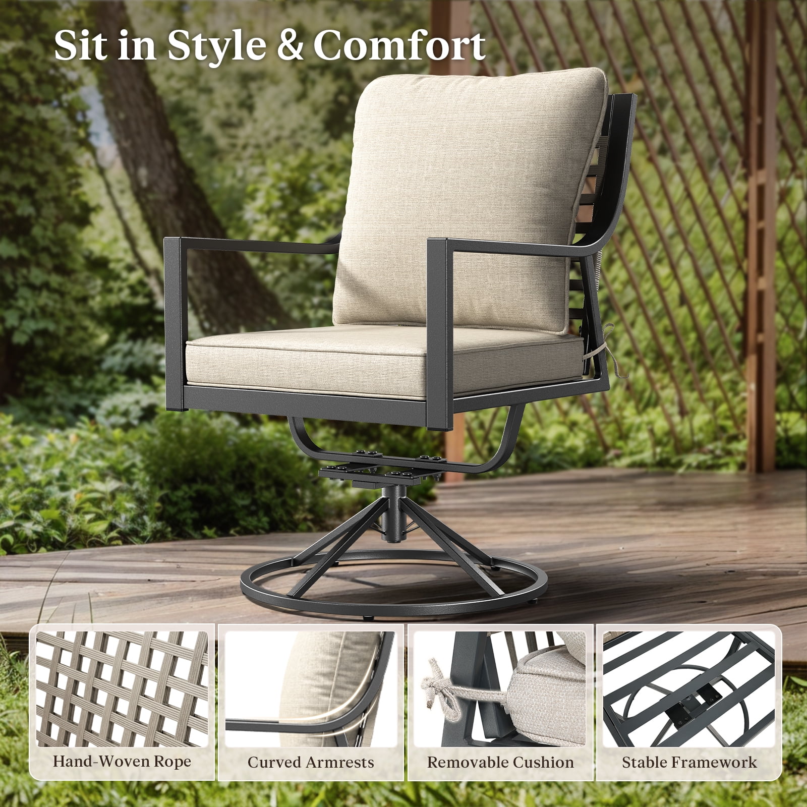 Planntonneo Outdoor Patio Swivel Rocking Dining Chairs Set of 2 with Beige Cushion for Porch Deck Garden Lawn Backyard