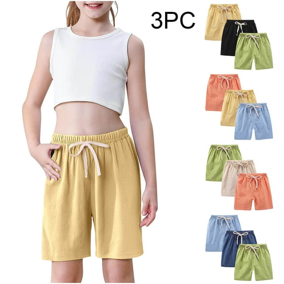HBGVBA Toddler Kids 3 Pack Casual Shorts,Summer Loose Short Pants,2-10 Years 3 Pack Solid Color Linen Daily Shorts for Boys Girls