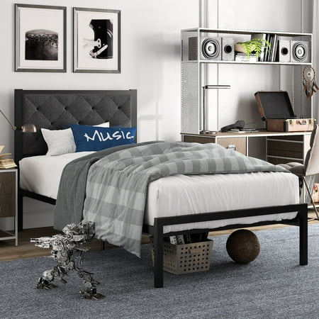 Amolife Twin Size Metal Bed Frame with Upholstered Headboard  Dark Gray