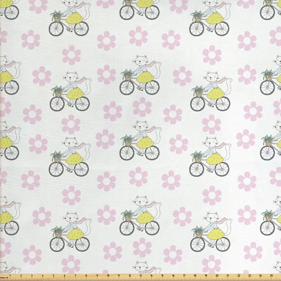 Cartoon Sofa Upholstery Fabric by the Yard, Sketch Female Cat Riding a Bicycle with a Basket Full of Flowers Spring Composition, Decorative Fabric for DIY and Home Accents, Multicolor by Ambesonne