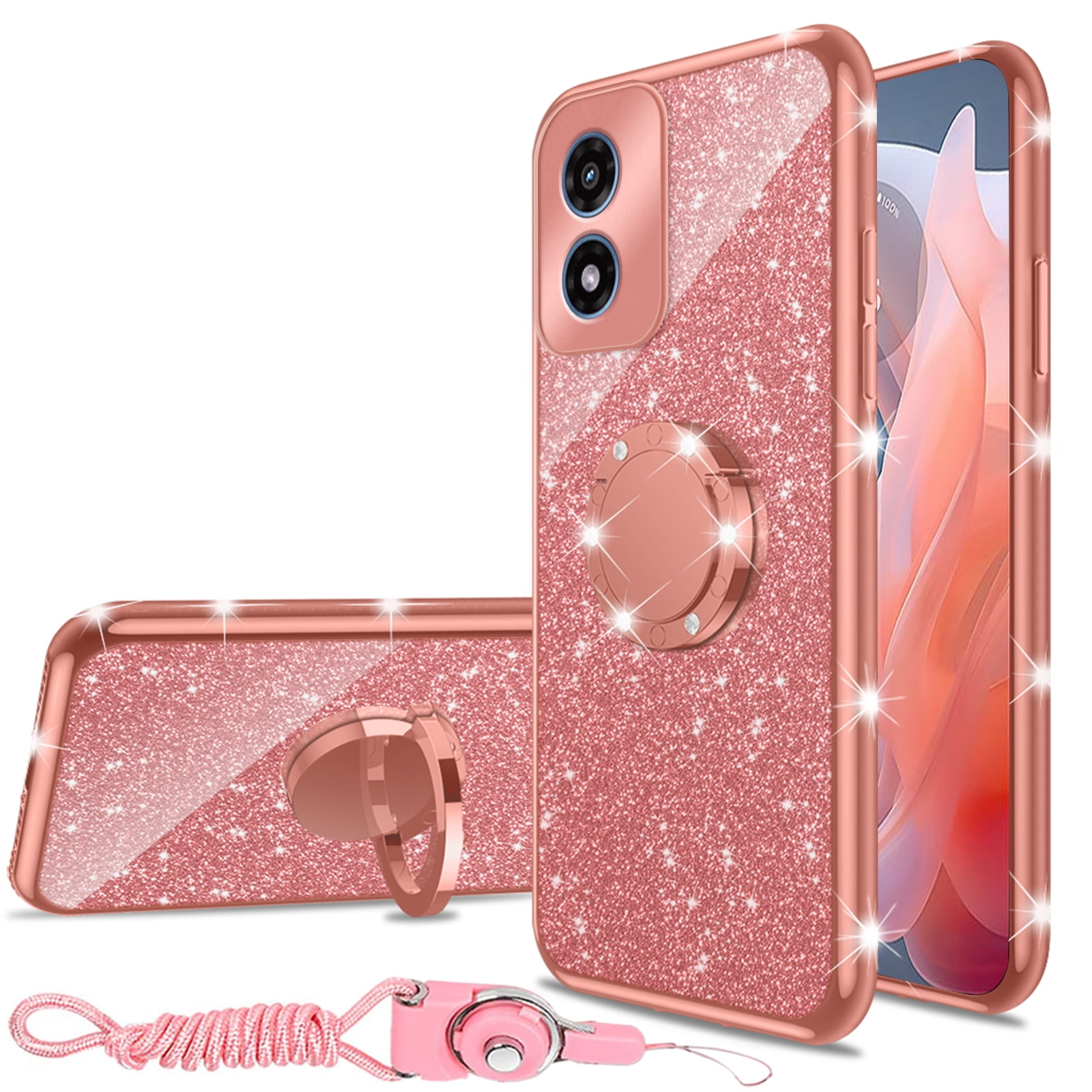 for Motorola Moto G Play 4G 2024 Phone Case with Ring Stand Lanyard Strap, Cute Glitter Girly Women Protection Shockproof 2-Layer Protective Cover - Rose Gold