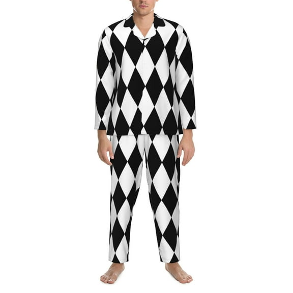 Mens Pajamas Set - Black And White Diamonds Comfy Long Sleeve Button Up Pajama Sets for Men 2 Piece, Soft Sleepwear Nightwear Pjs Lounge Sets for Men with Pockets