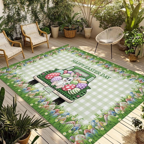 Spring Easter Outdoor Rug for Patio/Deck/Porch, Non-Slip Large Area Rug 4 x 6 Ft, Easter Eggs Bunny Truck Botanical Green Plaid Indoor Outdoor Rugs Washable Area Rugs, Camping Rug Carpet Runner