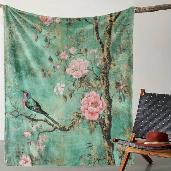 1pc Cozy Vintage Floral & Bird Print Flannel Blanket - Soft, Warm Throw for Sofa, Bed, Car, Office, Camping & Travel - Perfect All-Season Gift with Cherry Blossom Design in Pink & Green