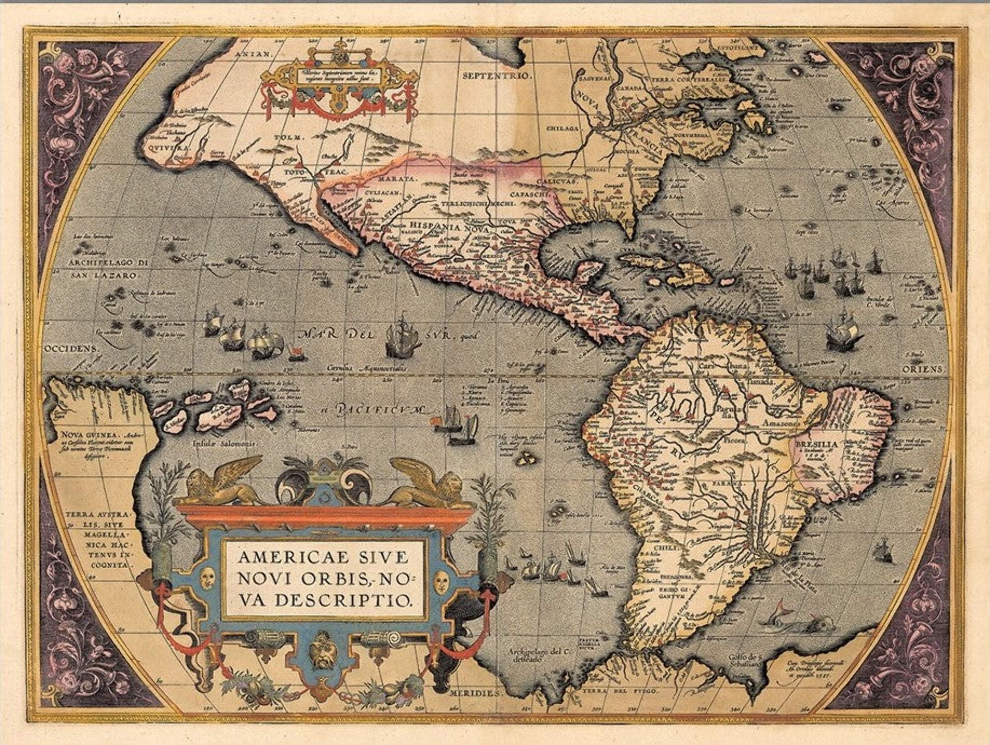 アメリカ合衆国掛地図 24 x 32 in. Vintage 1598 Map of the Americas Multi Color Wall Art