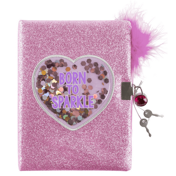 3C4G Born to Sparkle Glitter Confetti Locking Journal with Feather Pen