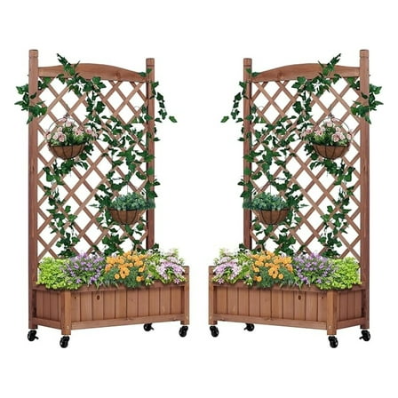 Raised Garden Bed with Trellies 2 Pack, Outdoor Wooden Planter Box - Portable Plant Stand for Climbing Vegetables & Flowers, 11x25x42.3in