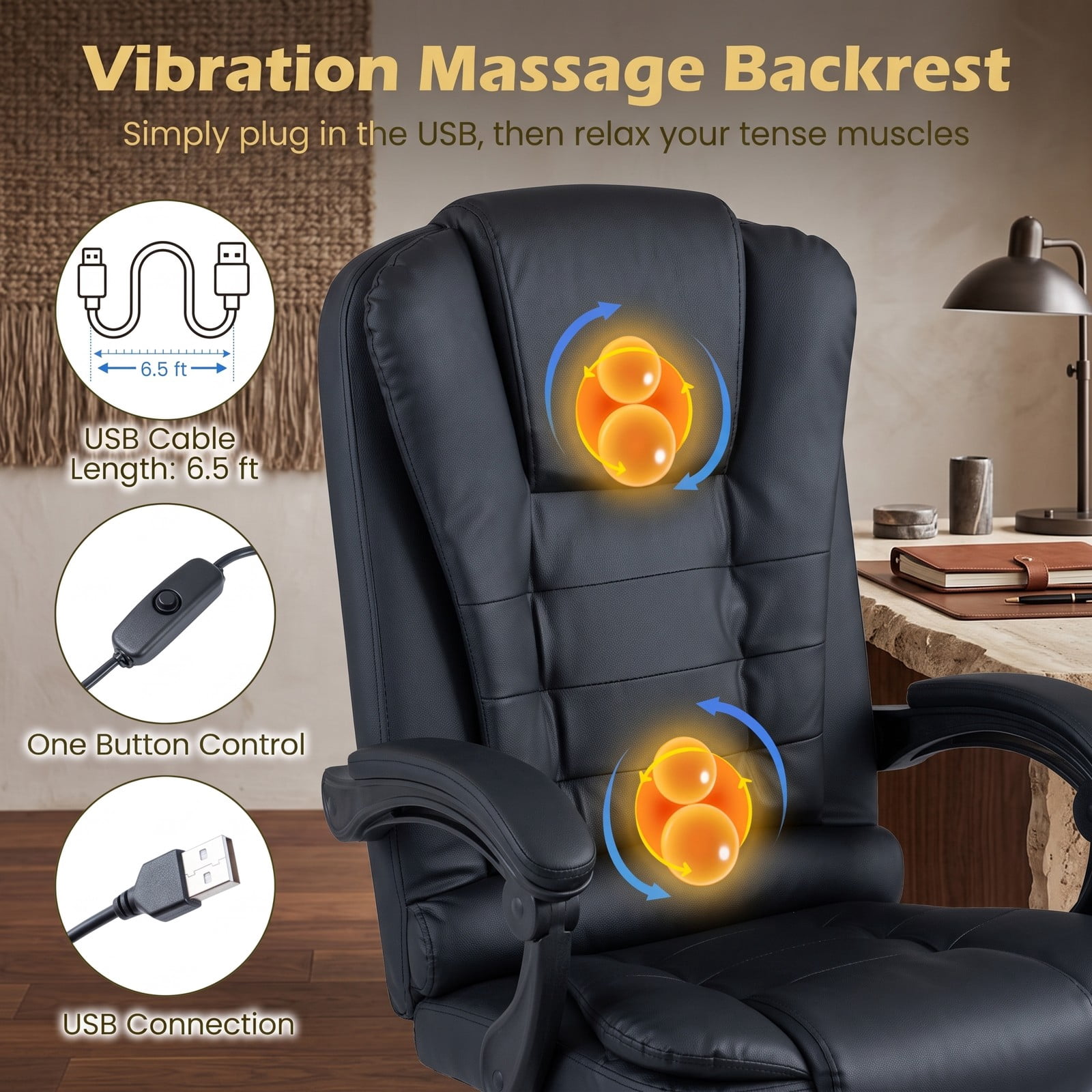 Furnibear Massage Office Chair with Footrest, Reclining High Back and Swivel Seat, Ergonomic USB Vibration Executive Computer Desk Chair with Adjustable Padded, Black