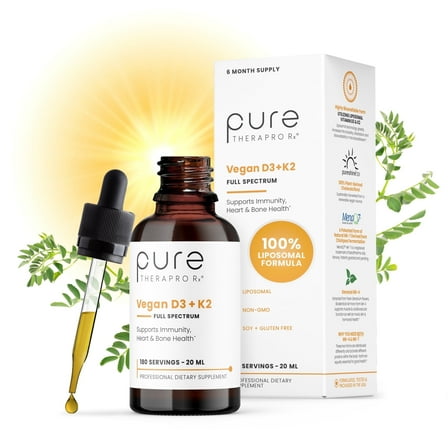 Pure Therapro Rx Vegan D3 + K2 Organic 100% Liposomal 20ml Made in USA | 6 Month Supply | Maximum Absorption Vitamin D3 and Vitamin K2 Supplements for Men and Women, D3 Vitamin 5000 IU