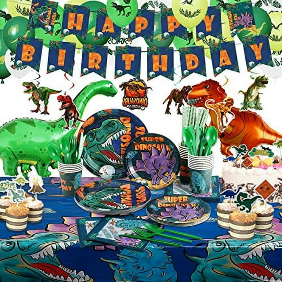 VINFO Dinosaur Birthday Party Supplies Kit, 210 Pieces Plates, Cups, Napkins, Banner, Cutlery & More