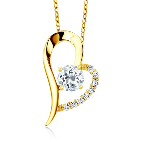 Gem Stone King 18K Yellow Gold Plated Silver White Topaz Heart Shape Pendant Necklace for Women (1.02 Cttw, Round 6MM, Gemstone November Birthstone, with 18 inch Chain)