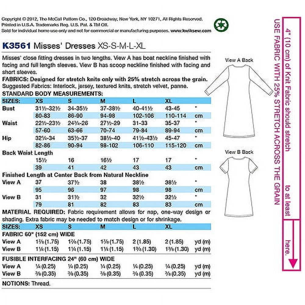 Kwik Sew K2982 Dresses Sewing Pattern, Size XS-S-M-L-XL