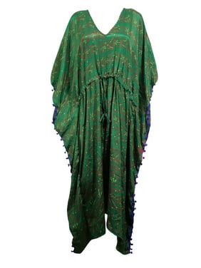 Mogul Women's Green Kimono Caftan V- Neck Pom Pom Tassel Long Maxi Kaftan 3X