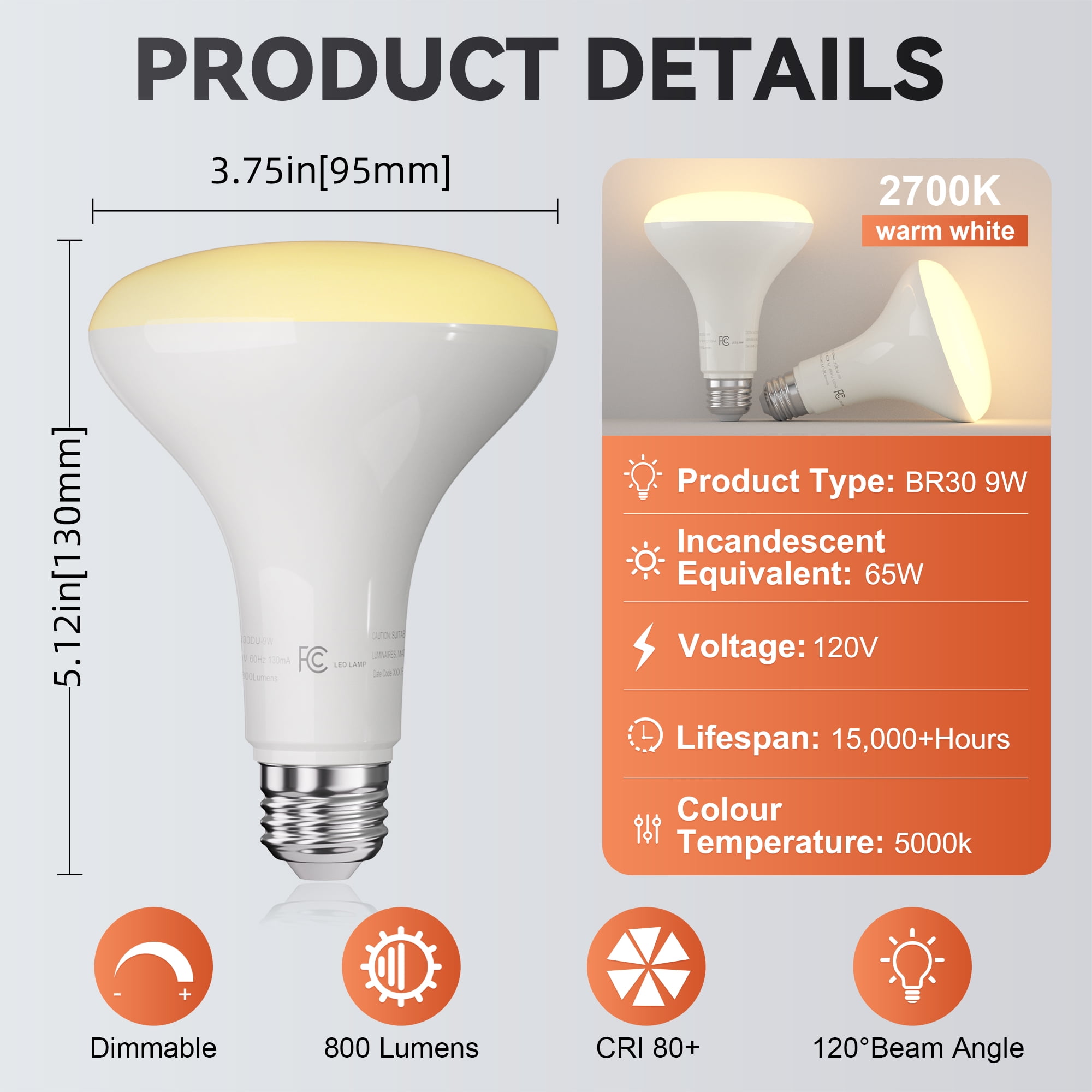 DAYBETTER 12 Pack BR30 Led Bulbs 65W Equivalent, Dimmable Indoor Flood Lights Bulb, E26 Base, 2700K Soft White, 9W, 800 LM, Recessed Lighting Bulb for Ceiling, Recessed Can, Living Room and Kitchen