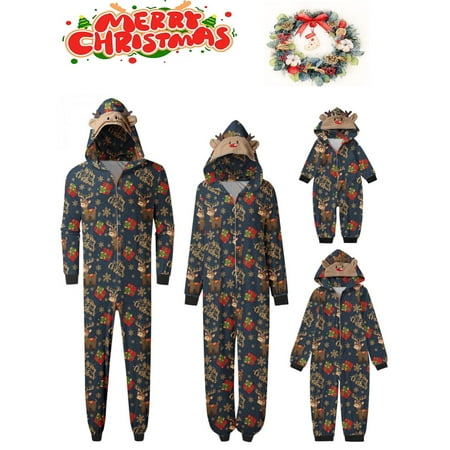 

Licupiee Family Matching Christmas Pajamas Set Sleepwear Elk Antlered Jumpsuit Hoodie with Hood Matching Holiday PJ s for Family