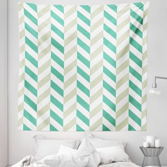 Chevron Tapestry, Chevron Herringbone Pattern Springtime Freshness Classic Stripe Art, Fabric Wall Hanging Decor for Bedroom Living Room Dorm, 5 Sizes, Sea Green Eggshell White, by Ambesonne