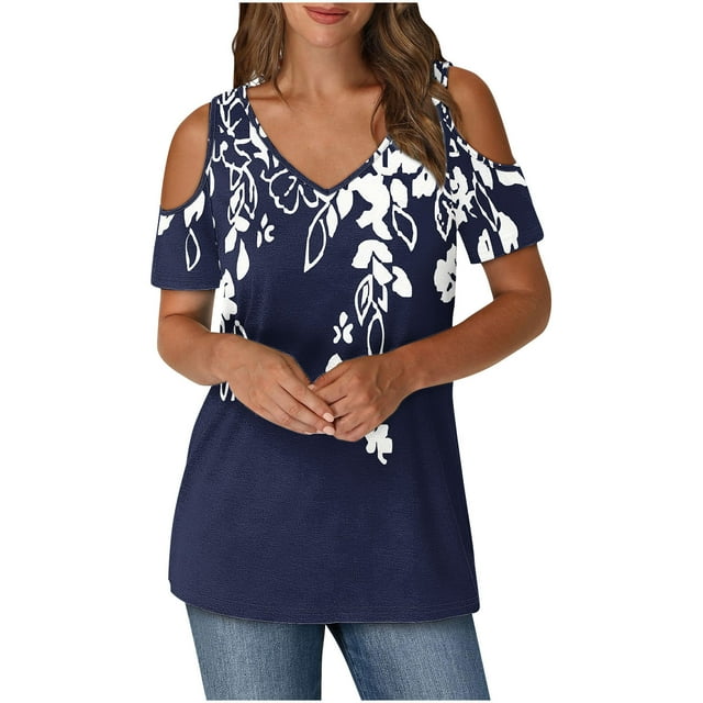 Tops de Algodón para las Mujeres Impresión de Manga Corta Cuello en V Fuera Del Hombro Blusa de Moda, Imitación de Algodón para el Hogar Diario