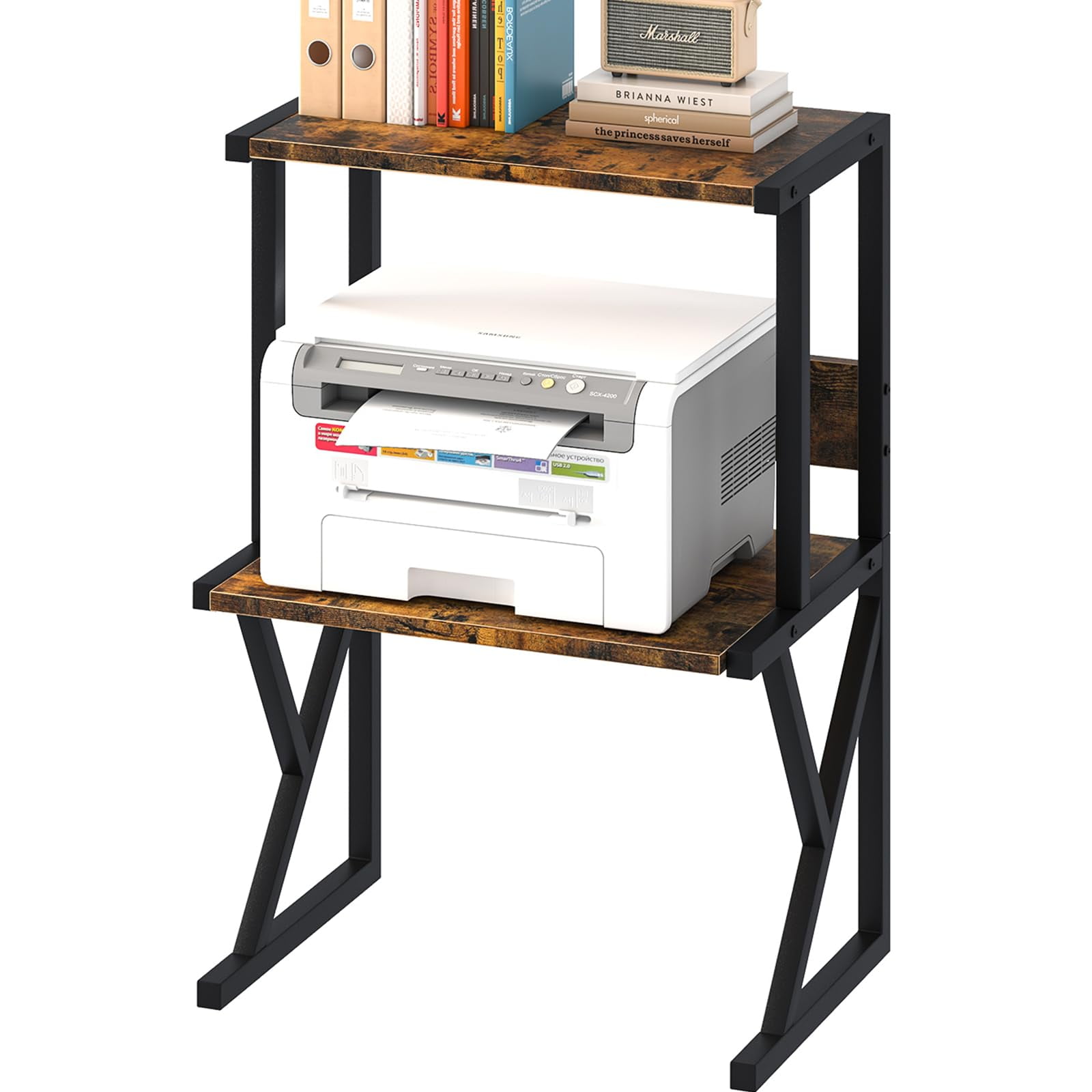 Desktop Printer Stand with 3 Tier Wood Storage Shelves,Under Desk Printer Table,Multi-Purpose Home Office Desk Organizer for Fax Machine, Scanner (Brown)