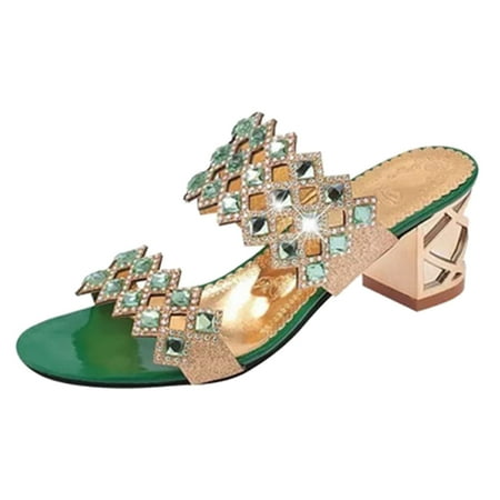 

iOPQO Women s sandals Women Rhinestone High Heels Bohemian Sandals Ladies Beach Shoes Slippers 3577 Women s Bohemian Flat Lace-Up Green 38