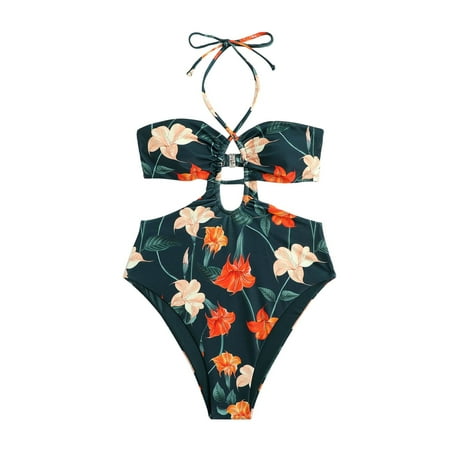 

B91xZ Swimsuit Women Women s Swimsuit Gathered Neck Wrap Cut Out Open Back Full Body High Waisted Vintage Print Bikini Men s Pajama Shorts Size M
