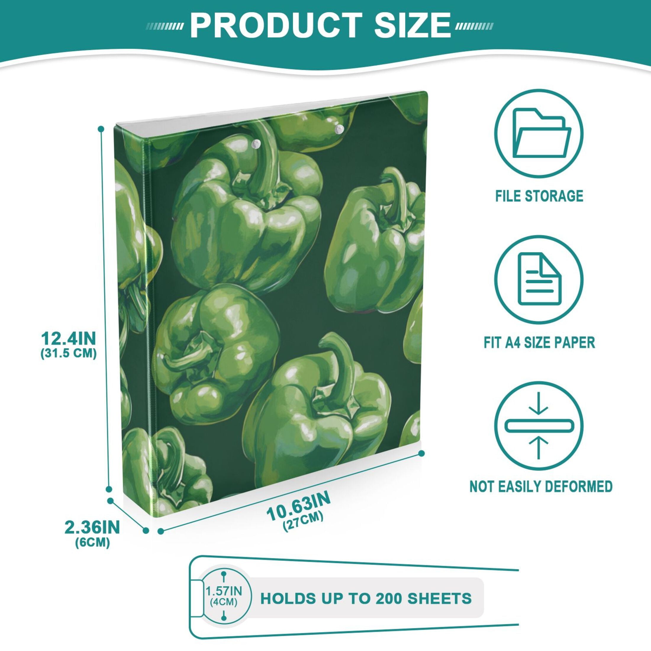 Green Bell Peppers 3 Ring Binders 1.5 inch Hardcover File Folders with Interior Pockets A4 Size Organizer for School Office Hospital