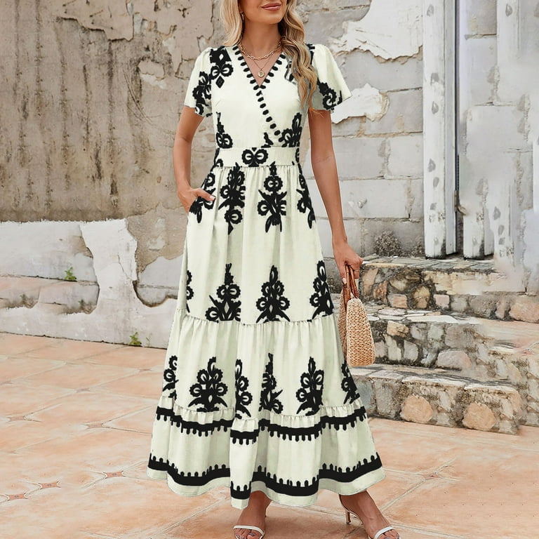 Wedding Guest Dress Plus Size, Women's Summer Print Pocket Short Sleeved  Dress With Flowing Beach Dress(Beige,L) - Walmart.com