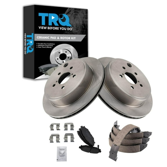 TRQ Rear Brake Pad & Rotor Kit Brake Pads Brake Rotor Parking Brake Shoe Set Ceramic Fits Select 2013-2014 Subaru Legacy