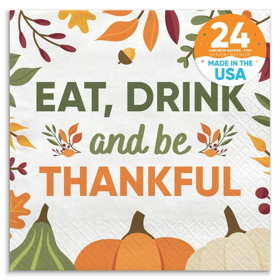 Big Dot of Happiness Eat Drink and Be Thankful Napkins, Friendsgiving Thanksgiving Party Decor, White 3-Ply Paper Luncheon Dinner Napkins - 24 Count