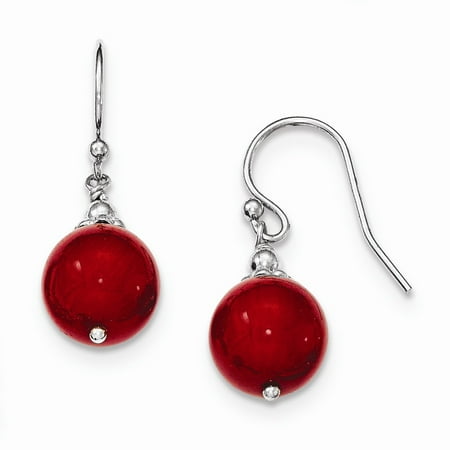 Coral Sterling Silver Dangle Bead - Sterling Silver & Dyed Red Coral Bead Dangle Shepherd Hook Earrings (1.1IN Long x 0.4IN Wide)