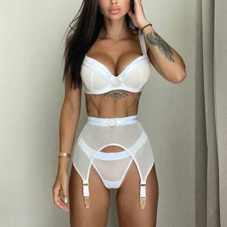 

Tagold Womens Plus Size Sexy lingerie Women Sexy Mesh Lingerie Bra+Garter+Briefs Set Sleepwear Hollow Out Bra Underwear