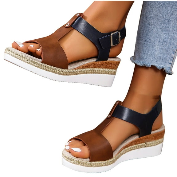 THDHVS Wedge Sandals for Women,Women's Sandals,Women's Fashion Casual Spring New Round Toe Open Toe Thick Bottom Wedge Sandals Brown 7.5
