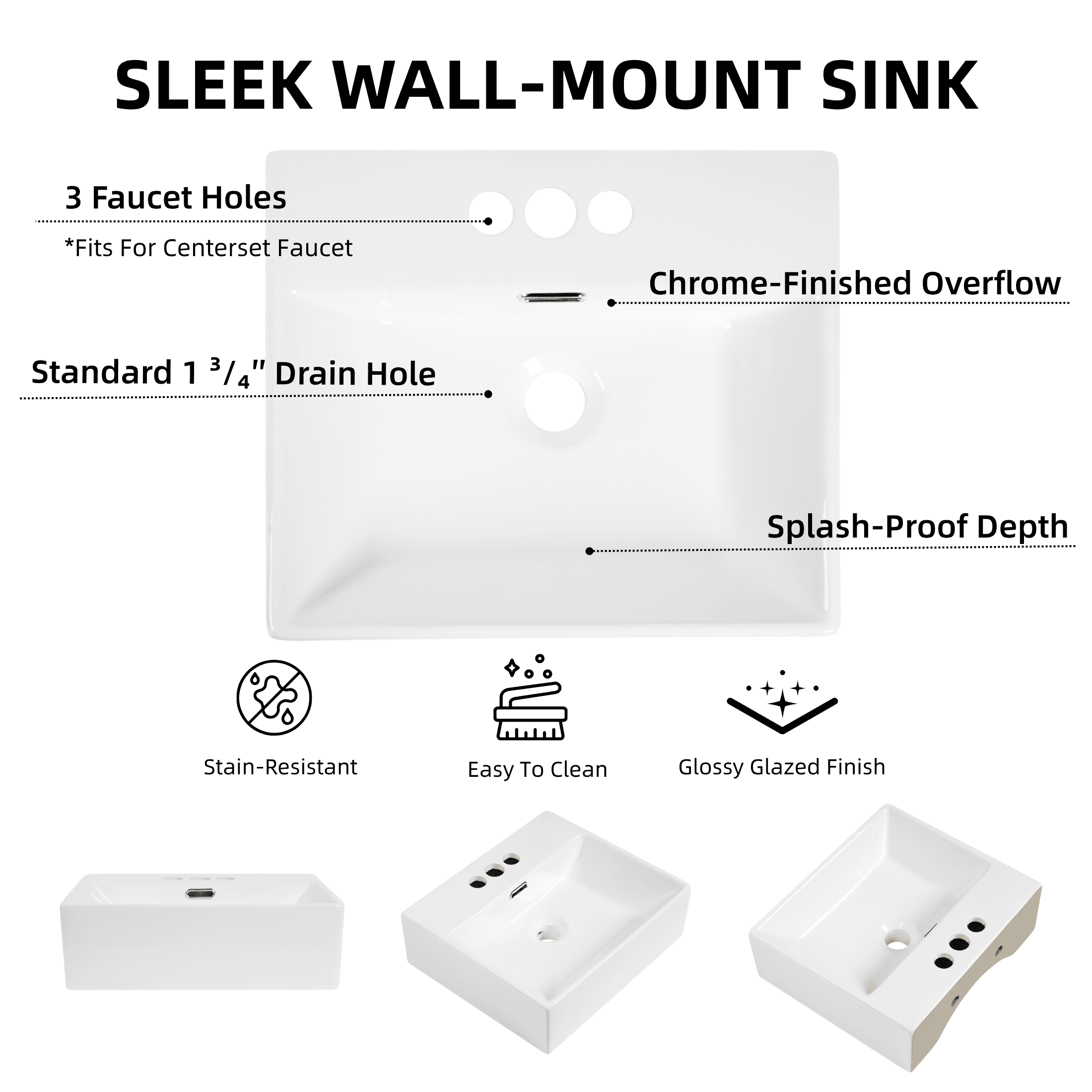 Los Flexi 16" x 14" Wall Mounted Bathroom Sink with 3 Pre-Drilled 4-Inch Faucet Holes, White Rectangular Ceramic Sink with Overflow for Small Bathrooms