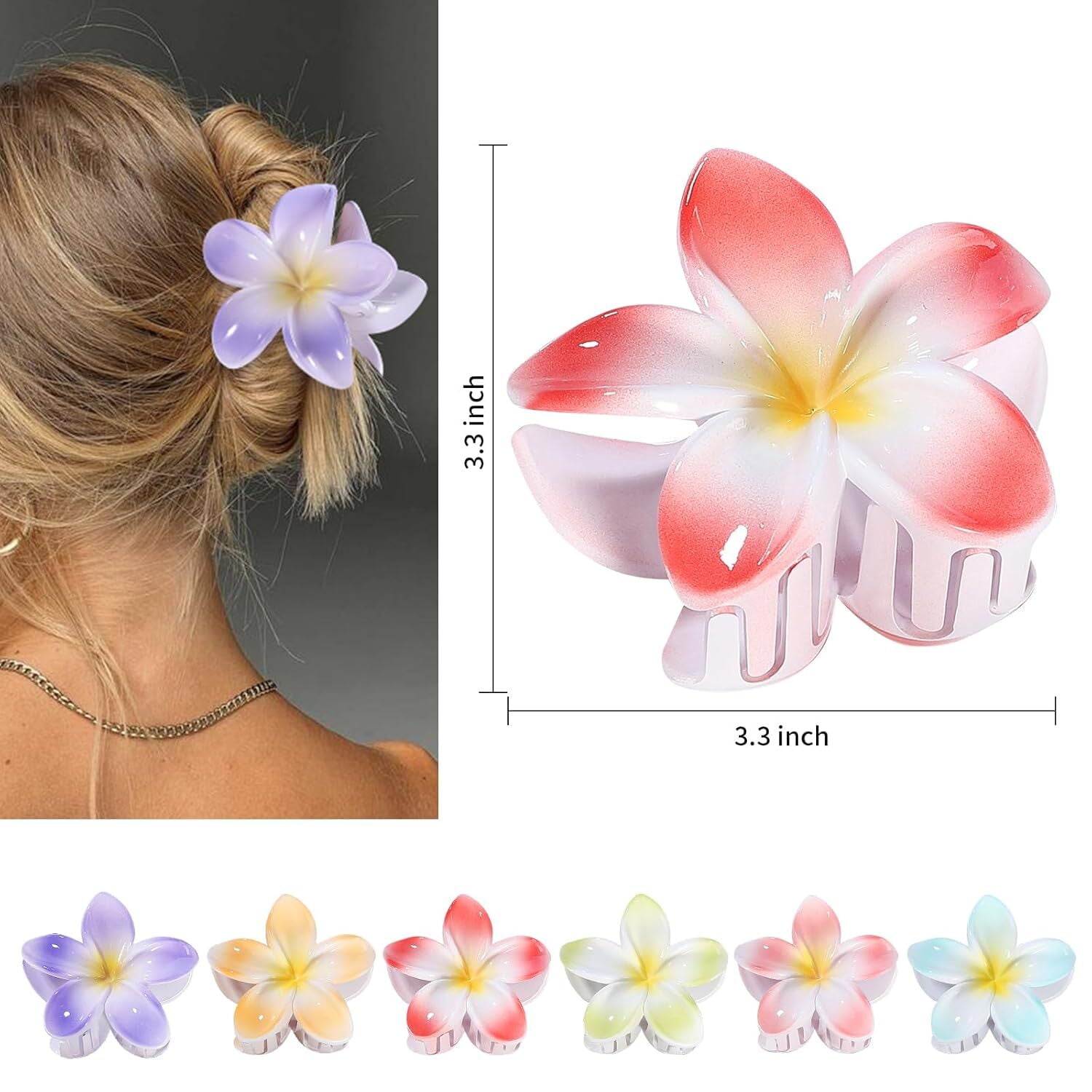 4 PCS Flower Hair Clips - Hawaiian Claw Clips for Vacation Hibiscus Hair Claw Clips Cute Large Hair Clips for Thick and Thin Hair Plumeria Hair Accessories for Women Girls, Style 2