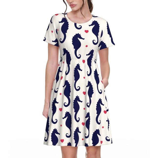 Easygdp Seahorses and Hearts para Vestido Transpirable de Mujer, Vestido Suelto de Manga Corta con Pliegues y Bolsillos para el Verano