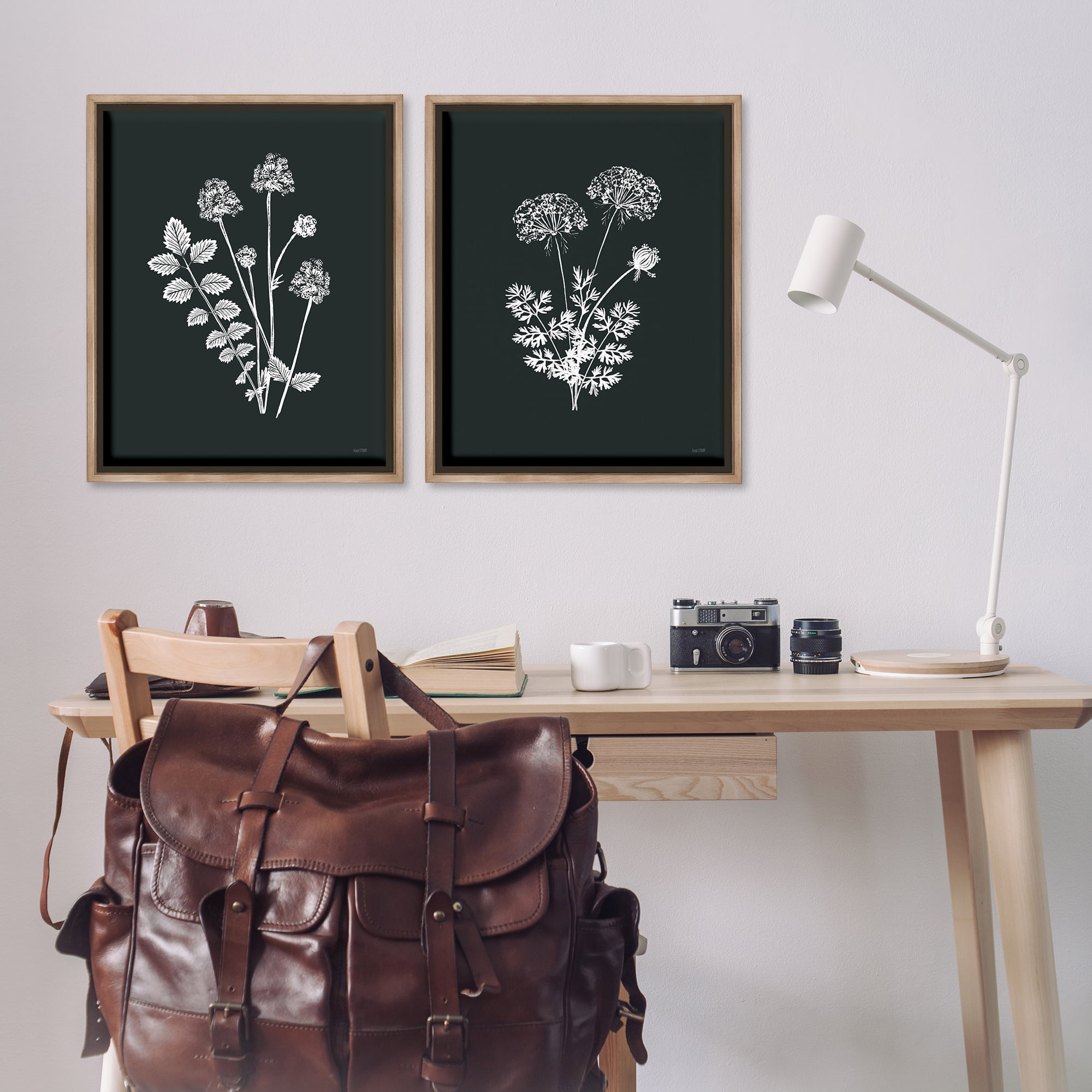 Stupell Industries Black and White Flower Cluster Plants & Flowers Painting Brown Floater Framed Canvas Art Print Wall Art, 31 x 25, Set of 2