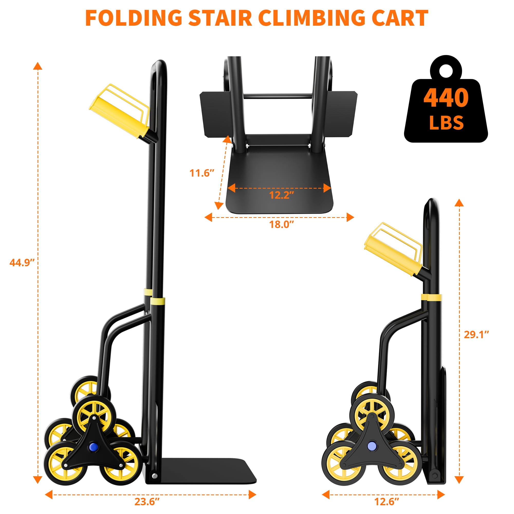 Ladcaser Stair Climbing Hand Truck 440lb Heavy Duty Dolly Cart for Stairs, Folding Stair Climbing Trolley with 6 Wheels and Telescoping Handle