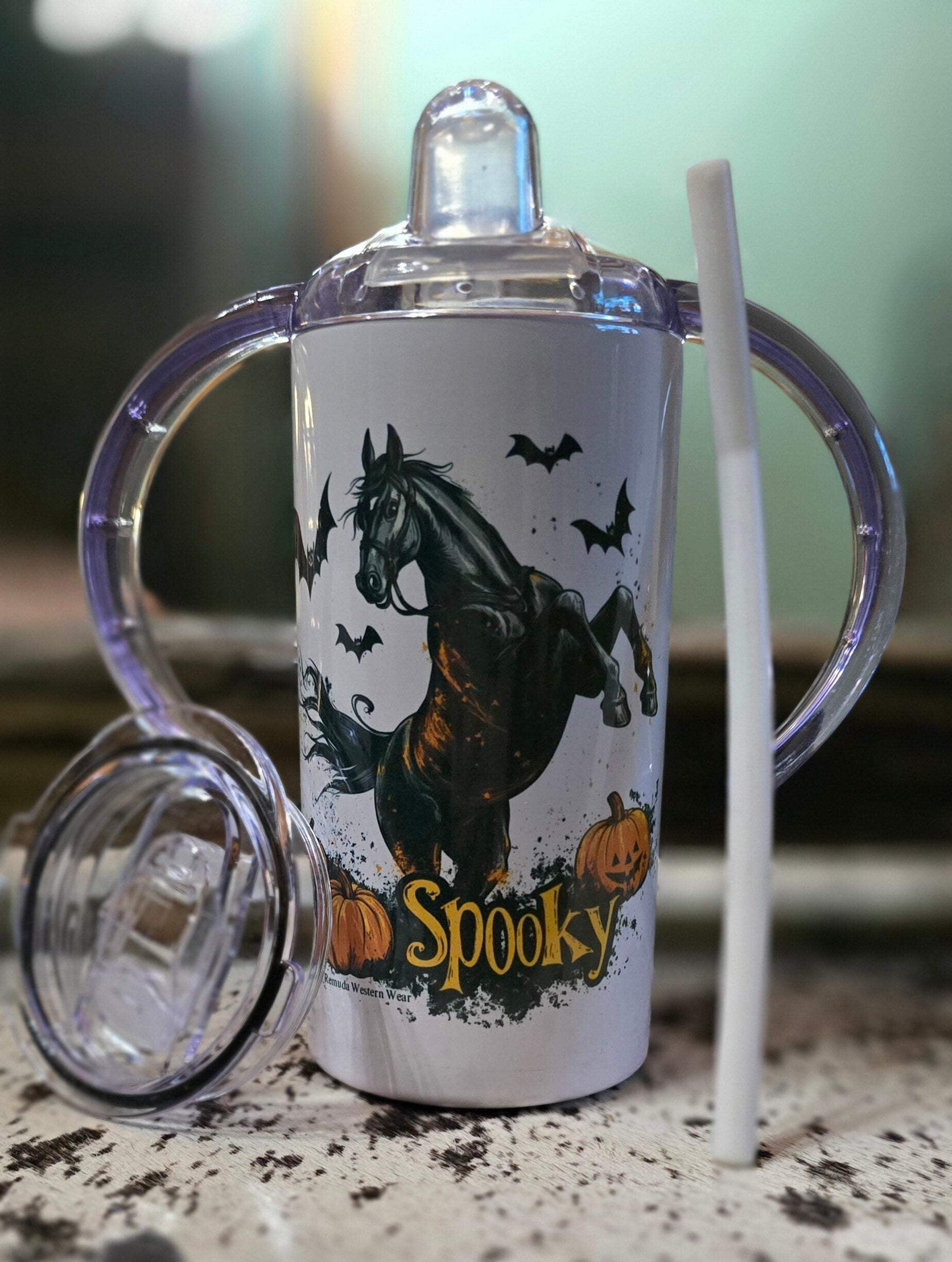SPOOKY - Kids Western Halloween Horse Sippy Cup w/ Transition Lid
