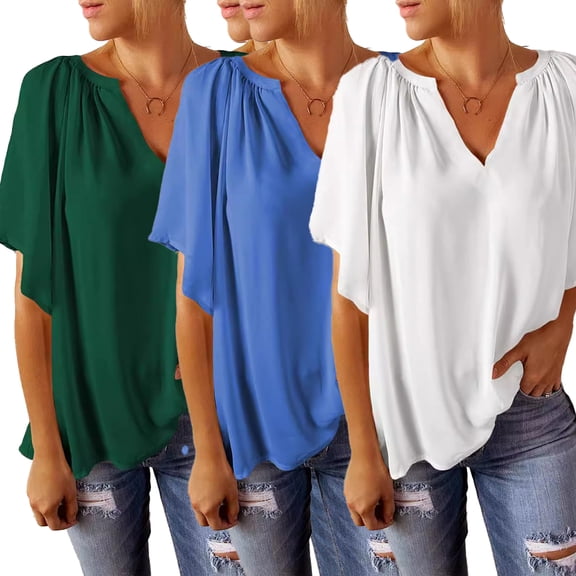 LYMAYTER Women's Spring/Summer T-Shirt Short Sleeves Shirt V-Neck Top Loose Solid Color Top S-2xL