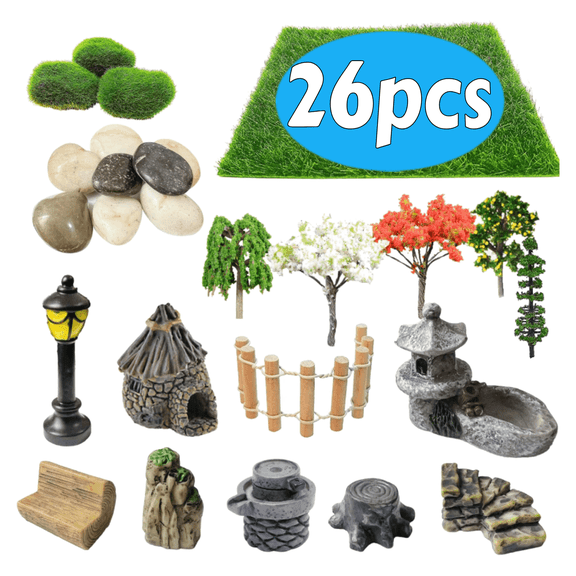 Mini Garden and Terrarium Decor Kit, 26 PCS Model Trees, Zen Accessories & Fairy Garden Ornaments for Bonsai and Indoor Plant Displays