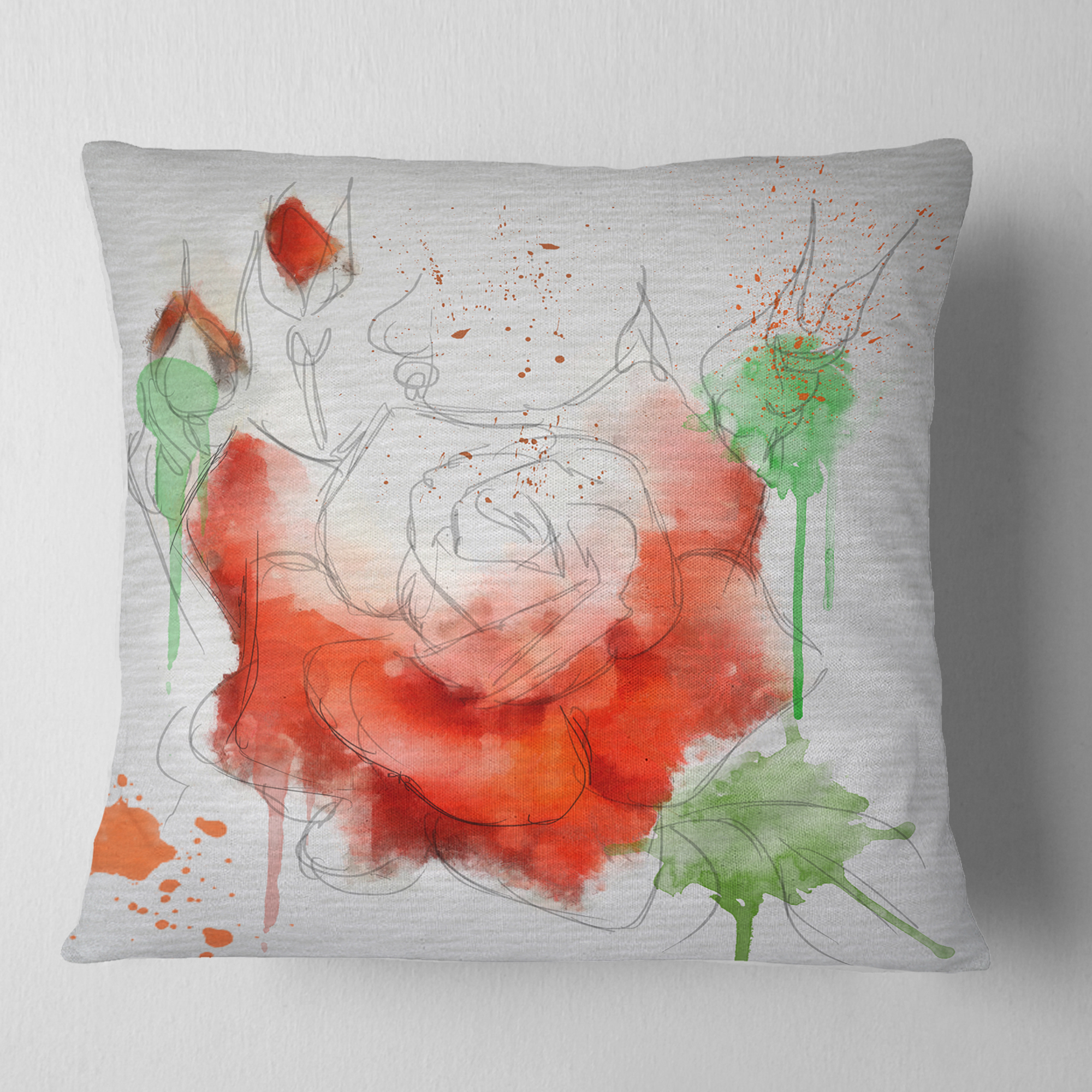 Designart Red Rose Illustration Watercolor - Floral Throw Pillow - 18x18