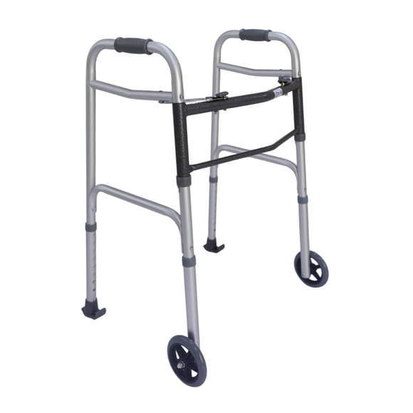 Andador plegable Dr. Aid Premium de 2 botones con ruedas, con ruedas delanteras rodantes, ligero para personas mayores, estructura de aluminio resistente, altura ajustable, soporta hasta 181 kg, color