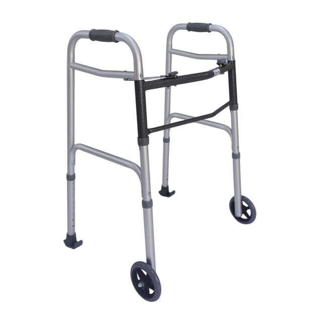 Andador plegable Dr. Aid Premium de 2 botones con ruedas, con ruedas delanteras rodantes, ligero para personas mayores, estructura de aluminio resistente, altura ajustable, soporta hasta 181 kg, color