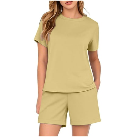 Wyobmus 2 Piece Sets for Women Going Out Causal Outfits Crew Neck Lounge Set Solid Color Short Sleeve Loungewear Shorts Trackwuits Yellow