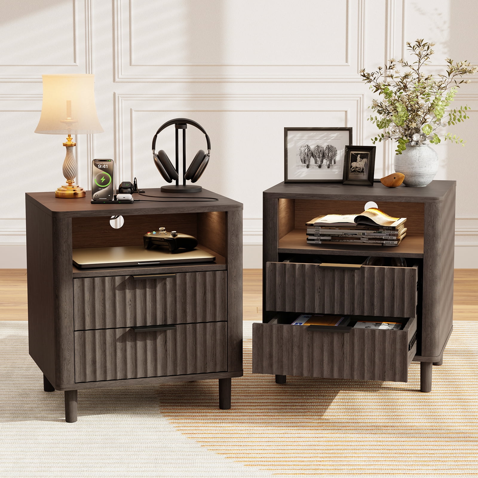 18" Wide Fluted Nightstand Set of 2 with Charging Station Modern Wood Bedside Table with 2 Drawers and Open Shelf, Mid Century End Table for Bedroom Living Room Office, Dark Gray