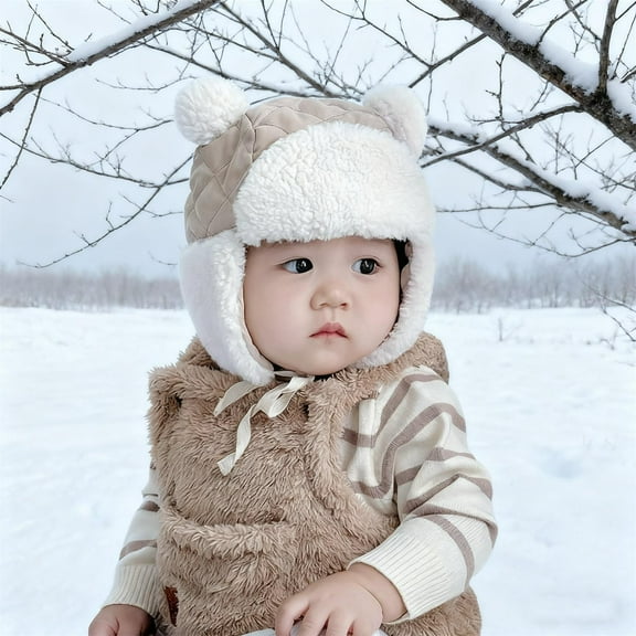 Baby Girls Boys Winter Hat Toddler Earflap Pompom Beanie Hat Infant Boys Fleece Lined Hats Baby Knit Hat Fall Beige 3-5 Years